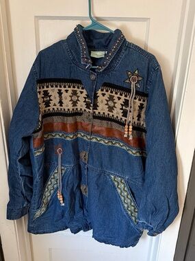 Women’s / Men's Blue Denim Aztec-Panel Jean Jacket with Bead Trim